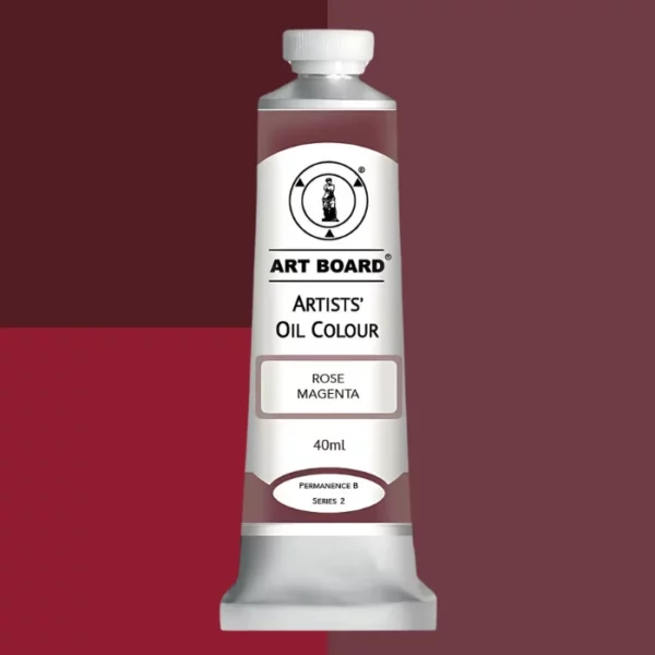 A tube of Rose Magenta Artboard Oil Paint 40ml is shown standing vertically in the center of the frame. The tube is silver and has a label around the body of the tube. Parts of the label are coloured, to denote the colour of the paint inside the tube. The artboard logo and name are printed at the top of the label and the colour and product details are printed below. The tube has a white plastic, screw on lid. Different shades of the paint colour are shown in the background in blocks, behind the tube.