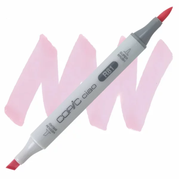 in the center of the image is a single copic marker that is sitting diagonally across the image. from left to right. it has a grey body and both caps are off showing the two different nibs, one brush at the top and the chisel tip at the bottom. it is sitting infront of a squiggle of the same colour as the marker on a white background