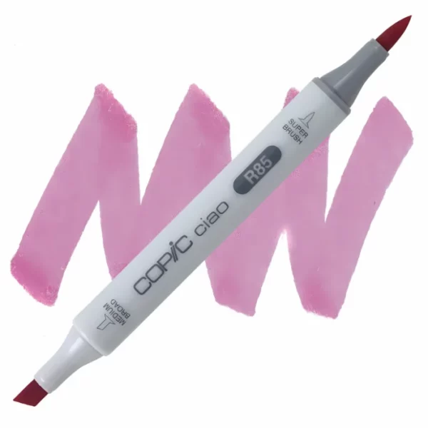 in the center of the image is a single copic marker that is sitting diagonally across the image. from left to right. it has a grey body and both caps are off showing the two different nibs, one brush at the top and the chisel tip at the bottom. it is sitting infront of a squiggle of the same colour as the marker on a white background