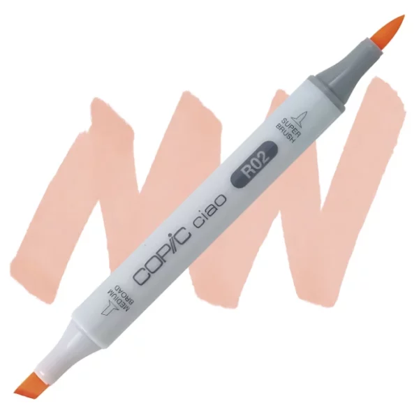 in the center of the image is a single copic marker that is sitting diagonally across the image. from left to right. it has a grey body and both caps are off showing the two different nibs, one brush at the top and the chisel tip at the bottom. it is sitting infront of a squiggle of the same colour as the marker on a white background