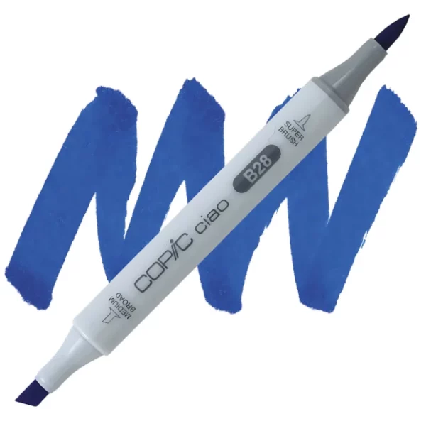 in the center of the image is a single copic marker that is sitting diagonally across the image. from left to right. it has a grey body and both caps are off showing the two different nibs, one brush at the top and the chisel tip at the bottom. it is sitting infront of a squiggle of the same colour as the marker on a white background