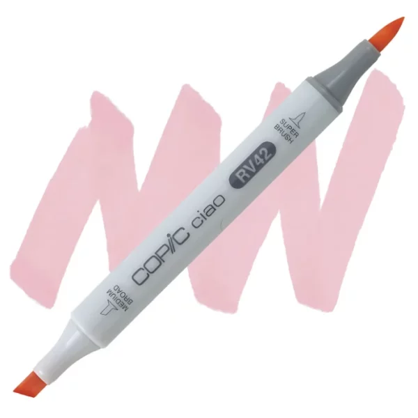 in the center of the image is a single copic marker that is sitting diagonally across the image. from left to right. it has a grey body and both caps are off showing the two different nibs, one brush at the top and the chisel tip at the bottom. it is sitting infront of a squiggle of the same colour as the marker on a white background