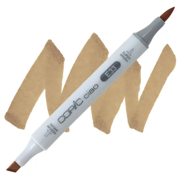 in the center of the image is a single copic marker that is sitting diagonally across the image. from left to right. it has a grey body and both caps are off showing the two different nibs, one brush at the top and the chisel tip at the bottom. it is sitting infront of a squiggle of the same colour as the marker on a white background