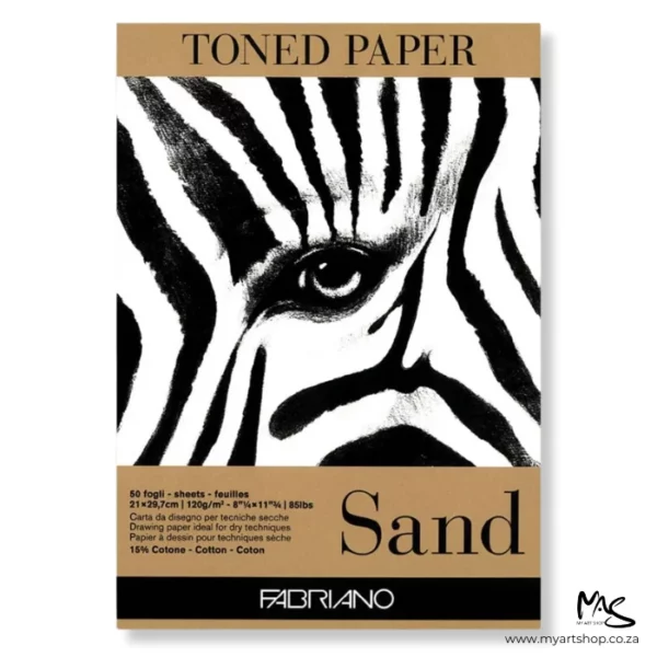 The front cover of a Sand Fabriano Toned Paper Pad is shown in the center of the frame. The pad has a colour tab at the top and at the bottom of the pad which indicates the colour of the paper inside the pad. There is a large image of a close up of a zebras eye on the cover of the pad. The pad is on a white background.