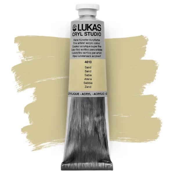 A single tube of Sand Lukas Cryl STUDIO Acrylics 75ml is shown in the center of the frame, standing vertically. The tube is silver and has a colour band around the body of the tube that denotes the colour of the paint inside. The Lukas name and logo is printed at the top of the tube and there is black text below the logo that describes the paint. The tube has a white plastic, screw on lid. There is a paint swatch in the background that indicates the colour of the paint inside the tube. The image is center of the frame and on a white background.