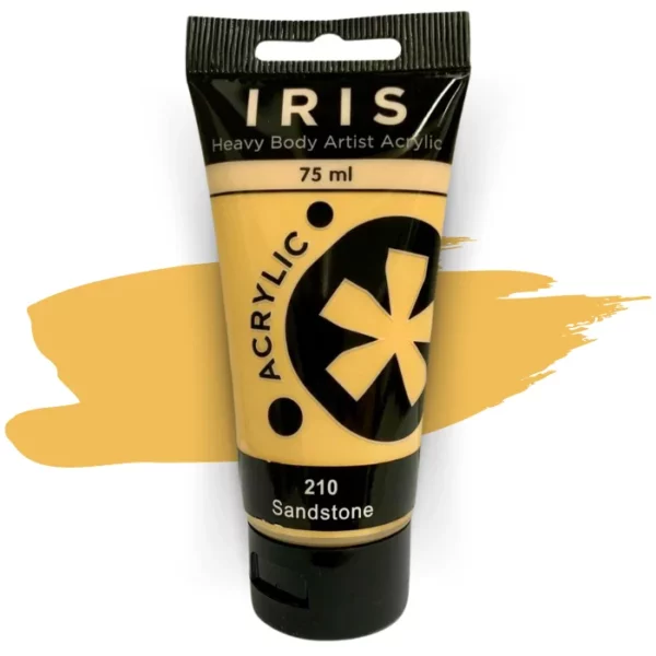 A single tube of Sandstone Prime Art Iris Acrylic Paint 75ml is shown in the frame. The tube is a clear plastic with a black printed band at the top of each tube that has the Prime Art Iris Logo printed on it. The tube has a black flip cap that the tube stands on. You can see the colour of the paint through the tube. On a white background.