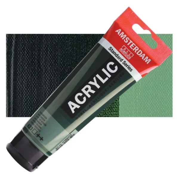 A single tube of Sap Green Amsterdam Acrylic Paint 120ml is shown diagonally across the center of the frame. The tube is made of a clear plastic and has a red band at the end of the tube with a hole so it can hang. The tube has a black, plastic flip top cap, that the bottle stands on. There is black text on the body of the tube describing the product colour and details. The colour of the paint can be seen through the tube. There is a rectangular colour swatch of the paint, behind the tube. The swatch shows the colour in different gradient's. The image is center of the frame and on a white background.