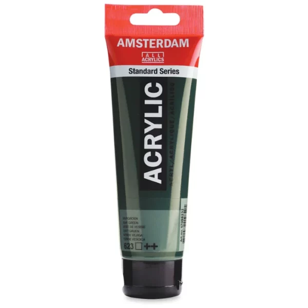 A single tube of Sap Green Amsterdam Acrylic Paint 120ml is standing vertically in the center of the frame. The tube is made of a clear plastic and has a red band at the end of the tube with a hole so it can hang. The tube has a black, plastic flip top cap, that the bottle stands on. There is black text on the body of the tube describing the product colour and details. The colour of the paint can be seen through the tube. On a white background.