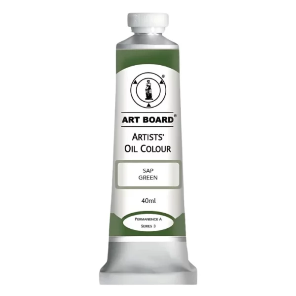 A tube of Sap Green Artboard Oil Paint 40ml is shown standing vertically in the center of the frame. The tube is silver and has a label around the body of the tube. Parts of the label are coloured, to denote the colour of the paint inside the tube. The artboard logo and name are printed at the top of the label and the colour and product details are printed below. The tube has a white plastic, screw on lid. On a white background.