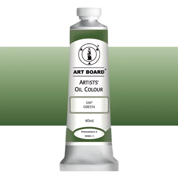 A tube of Sap Green Artboard Oil Paint 40ml is shown standing vertically in the center of the frame. The tube is silver and has a label around the body of the tube. Parts of the label are coloured, to denote the colour of the paint inside the tube. The artboard logo and name are printed at the top of the label and the colour and product details are printed below. The tube has a white plastic, screw on lid. A graded horizontal rectangle is seen in the background, this denotes the colour of the paint inside the tube. On a white background.