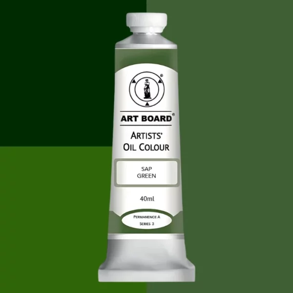 A tube of Sap Green Artboard Oil Paint 40ml is shown standing vertically in the center of the frame. The tube is silver and has a label around the body of the tube. Parts of the label are coloured, to denote the colour of the paint inside the tube. The artboard logo and name are printed at the top of the label and the colour and product details are printed below. The tube has a white plastic, screw on lid. Different shades of the paint colour are shown in the background in blocks, behind the tube.