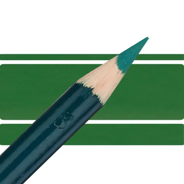 a derwent artists coloured pencil is seen in a close up ciming in from the left habd corner of the image. the tip is facing the right hand side top of the image. in a horizontal line. it has a green hamdle and a wooden end with the coloured tip. there are three horizontal stripes behind it that are the same colour as the nib of the pencil. on a white background