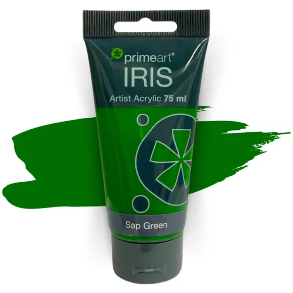 A single tube of Sap Green Prime Art Iris Acrylic Paint 75ml is shown in the frame. The tube is a clear plastic with a black printed band at the top of each tube that has the Prime Art Iris Logo printed on it. The tube has a black flip cap that the tube stands on. You can see the colour of the paint through the tube. On a white background.