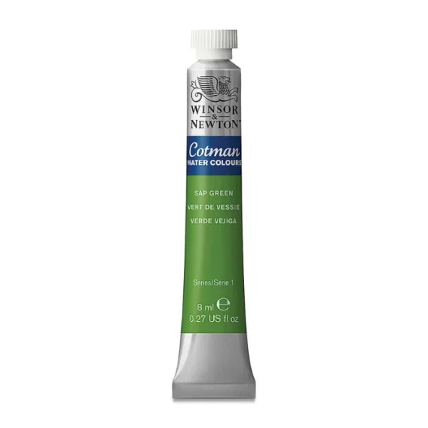 A single Sap Green Winsor and Newton Cotman Watercolour 8ml Tube is shown vertically in the center of the frame. The tube is silver and the Winsor and Newton logo is printed at the top of the tube. There is a blue band below the logo and the words 'Cotman Watercolour' are printed on the blue band in white. Then there is a large colour band around the base of the tube that denotes the colour of the paint. The tube colour and paint properties are indicated on this colour band in black text. The tube has a white, plastic screw on cap. The image is center of the frame and on a white background.