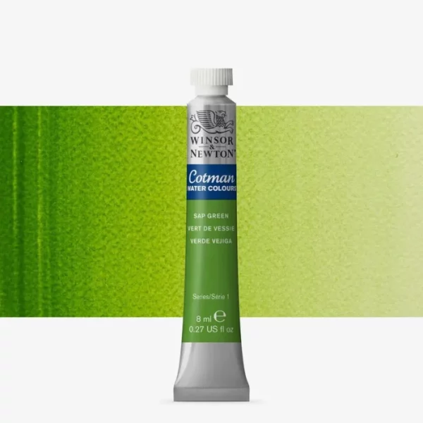 A single Sap Green Winsor and Newton Cotman Watercolour 8ml Tube is shown vertically in the center of the frame. The tube is silver and the Winsor and Newton logo is printed at the top of the tube. There is a blue band below the logo and the words 'Cotman Watercolour' are printed on the blue band in white. Then there is a large colour band around the base of the tube that denotes the colour of the paint. The tube colour and paint properties are indicated on this colour band in black text. The tube has a white, plastic screw on cap. There is a rectangular colour swatch behind the tube that shows how the colour works on a gradient scale. The entire image is center of the frame and on a white background.