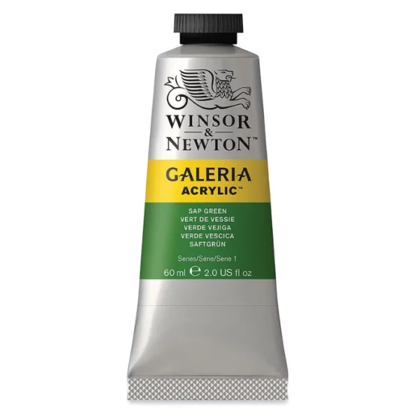 A single tube of Sap Green Winsor and Newton Galeria Acrylic Paint 60ml is shown in the center of the frame, standing vertically. The tube is a silver colour and has a black, screw on, plastic lid. The Winsor and Newton logo is printed at the top of the tube and there is a yellow band across the tube, under the logo, with the words, 'Galeria Acrylic'. There is a band of colour below that which denotes the colour of the paint in the tube. There is text on this colour band, describing the colour and paint properties. The image is center of the frame and on a white background.