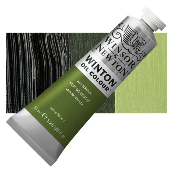 A tube of Sap Green Winsor and Newton Winton Oil Paint 37ml is shown diagonally, across the center of the frame. The tube is a silver colour and has a white screw on, plastic lid. The Winsor and Newton logo is printed at the top of the tube and there is a white band printed across the tube, below the logo, that has the words 'Winton Oil Colour' written on it. Below that is a colour band printed across the tube that has black text describing the product colour and paint properties. There is a rectangular colour swatch behind the tube that shows the colour of the paint. It lays horizontally across the top third of the frame. The image is center of the frame and on a white background.