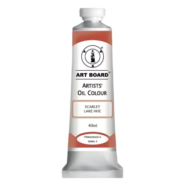 A tube of Scarlet Lake Hue Artboard Oil Paint 40ml is shown standing vertically in the center of the frame. The tube is silver and has a label around the body of the tube. Parts of the label are coloured, to denote the colour of the paint inside the tube. The artboard logo and name are printed at the top of the label and the colour and product details are printed below. The tube has a white plastic, screw on lid. On a white background.