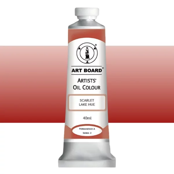 A tube of Scarlet Lake Hue Artboard Oil Paint 40ml is shown standing vertically in the center of the frame. The tube is silver and has a label around the body of the tube. Parts of the label are coloured, to denote the colour of the paint inside the tube. The artboard logo and name are printed at the top of the label and the colour and product details are printed below. The tube has a white plastic, screw on lid. A graded horizontal rectangle is seen in the background, this denotes the colour of the paint inside the tube. On a white background.