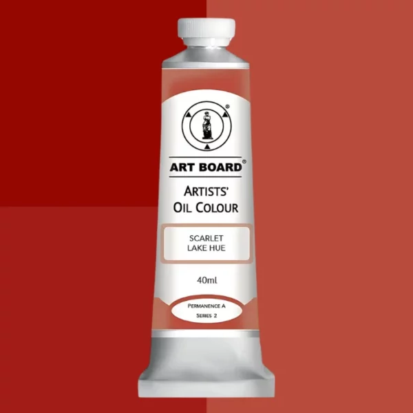 A tube of Scarlet Lake Hue Artboard Oil Paint 40ml is shown standing vertically in the center of the frame. The tube is silver and has a label around the body of the tube. Parts of the label are coloured, to denote the colour of the paint inside the tube. The artboard logo and name are printed at the top of the label and the colour and product details are printed below. The tube has a white plastic, screw on lid. Different shades of the paint colour are shown in the background in blocks, behind the tube.