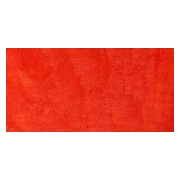 A rectangular colour swatch of Scarlet Lake Winsor and Newton Winton Oil Paint is shown across the center of the frame. The colour swatch shows the tube colour in three gradients from left to right. On a white background.