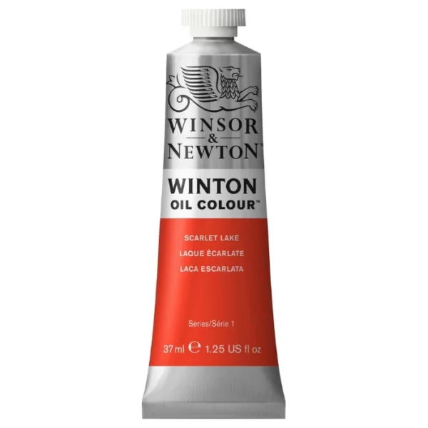 A single tube of Scarlet Lake Winsor and Newton Winton Oil Paint 37ml is shown in the center of the frame, standing vertically. The tube is a silver colour and has a white screw on, plastic lid. The Winsor and Newton logo is printed at the top of the tube and there is a white band across the tube, under the logo, with the words, 'Winton Oil Colour'. There is a band of colour below that which denotes the colour of the paint in the tube. There is text on this colour band, describing the colour and paint properties. The image is center of the frame and on a white background.