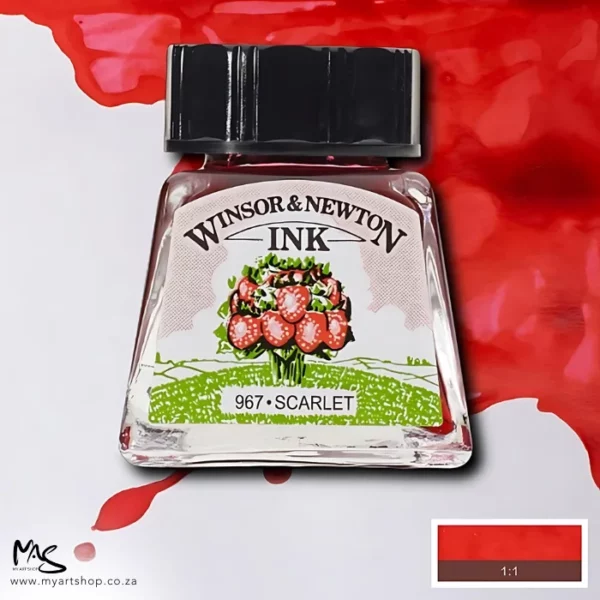 A single bottle of Scarlet Winsor & Newton Drawing Ink can be seen in the center of the frame, with ink in the background, in the top right hand corner of the frame, flowing into the frame. The ink is the colour of the ink inside the bottle. The bottle is a clear glass bottle and so you can see the colour of the ink inside. There is a black, plastic screw on lid and a label stuck to the front of the bottle with the brand name and logo on it. There is a small rectangular colour block with a sample of the ink colour in a 1:1 ratio, in the bottom right hand corner of the frame.