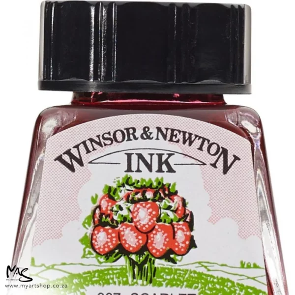 A close up of a single bottle of Scarlet Winsor & Newton Drawing Ink. The bottom of the bottle is cut off by the frame. The bottle is clear glass so you can see the colour of the ink inside, with a black screw on plastic lid. There is a label on the front of the bottle with the brand logo.