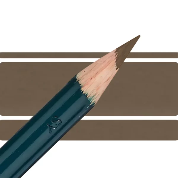 a derwent artists coloured pencil is seen in a close up ciming in from the left habd corner of the image. the tip is facing the right hand side top of the image. in a horizontal line. it has a green hamdle and a wooden end with the coloured tip. there are three horizontal stripes behind it that are the same colour as the nib of the pencil. on a white background