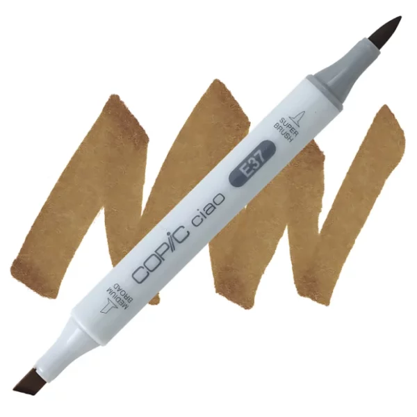 in the center of the image is a single copic marker that is sitting diagonally across the image. from left to right. it has a grey body and both caps are off showing the two different nibs, one brush at the top and the chisel tip at the bottom. it is sitting infront of a squiggle of the same colour as the marker on a white background