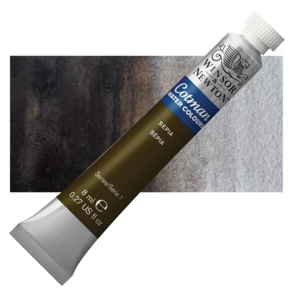 A single Sepia Winsor and Newton Cotman Watercolour 8ml Tube is shown diagonally across the frame. The back of the tube is facing the bottom left hand corner of the frame and the lid of the tube is facing the top, right hand corner of the frame. The tube is silver and the Winsor and Newton logo is printed at the top of the tube. There is a blue band below the logo and the words 'Cotman Watercolour' are printed on the blue band in white. Then there is a large colour band around the base of the tube that denotes the colour of the paint. The tube colour and paint properties are indicated on this colour band in black text. The tube has a white, plastic screw on cap. There is a rectangular colour swatch behind the tube that shows how the colour works on a gradient scale. The entire image is center of the frame and on a white background.