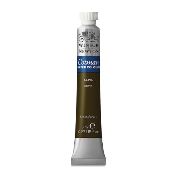 A single Sepia Winsor and Newton Cotman Watercolour 8ml Tube is shown vertically in the center of the frame. The tube is silver and the Winsor and Newton logo is printed at the top of the tube. There is a blue band below the logo and the words 'Cotman Watercolour' are printed on the blue band in white. Then there is a large colour band around the base of the tube that denotes the colour of the paint. The tube colour and paint properties are indicated on this colour band in black text. The tube has a white, plastic screw on cap. The image is center of the frame and on a white background.