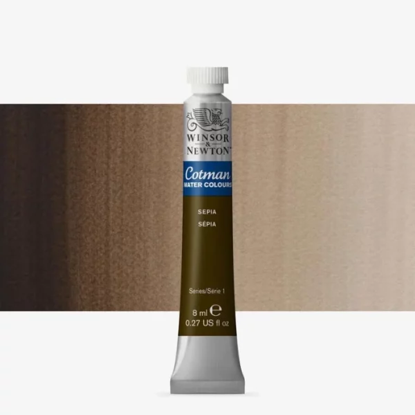 A single Sepia Winsor and Newton Cotman Watercolour 8ml Tube is shown vertically in the center of the frame. The tube is silver and the Winsor and Newton logo is printed at the top of the tube. There is a blue band below the logo and the words 'Cotman Watercolour' are printed on the blue band in white. Then there is a large colour band around the base of the tube that denotes the colour of the paint. The tube colour and paint properties are indicated on this colour band in black text. The tube has a white, plastic screw on cap. There is a rectangular colour swatch behind the tube that shows how the colour works on a gradient scale. The entire image is center of the frame and on a white background.