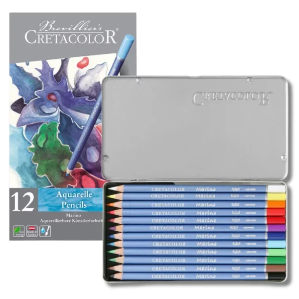 A Set of 12 Cretacolor Marino Aquarelle Pencils is shown in the frame. There is a sealed set standing vertically along the left hand side of the frame, and an open tin shown to the right of that. The sealed set is in a printed cardboard sleeve that has an abstract image that was drawn using the pencils, on the cover. It has the Cretacolor logo printed on it and some text describing the product. The open set is in a silver tin, with a hinged lid that is open. You can see the pencils lined up next to each other in the base of the tin set. Each pencil is a different colour and the colour of the lead is shown in the form of a dipped end of the pencil. The barrels of the pencils are blue and have the Cretacolor logo printed on it. On a white background.