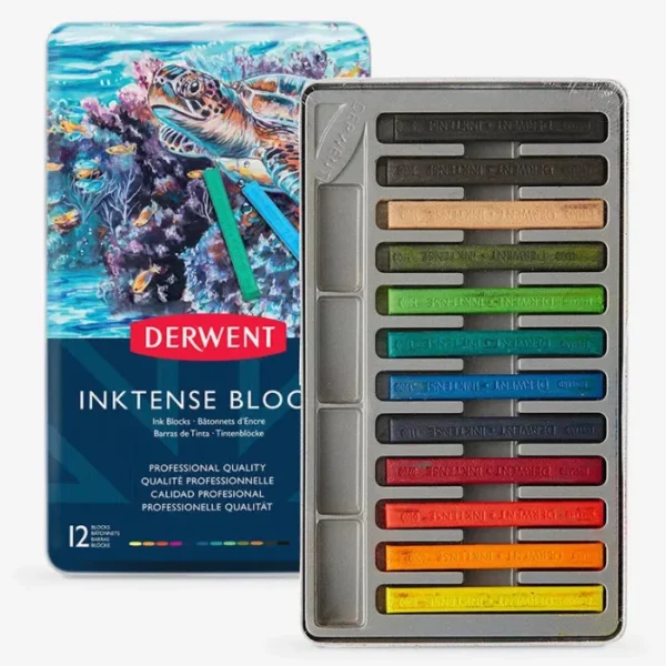 The inside tray of a Set of 12 Derwent Inktense Blocks is shown horizontally in the center of the frame. The block sticks are lined up next to each other. Each stick is a different colour. The tin lid is seen popping out from behind the tray. On a white background.