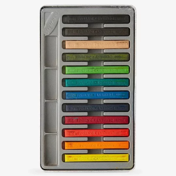 The inside tray of a Set of 12 Derwent Inktense Blocks is shown horizontally in the center of the frame. The block sticks are lined up next to each other. Each stick is a different colour. On a white background.