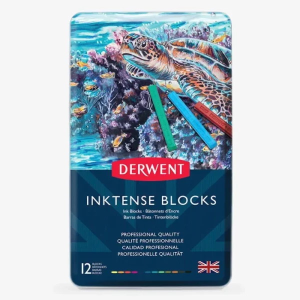 A single Set of 12 Derwent Inktense Blocks is shown standing vertically in the center of the frame. There is a reflection of the tin, below the tin. The tin has a picture of a colourful red turtle on the front, with the Derwent Logo and some text describing the contents of the set. The image is center of the frame and on a white background.