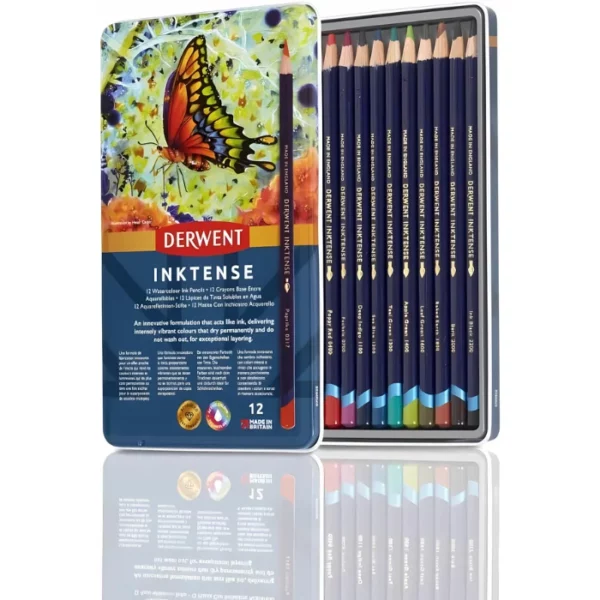 A single Set of 12 Derwent Inktense Pencils is shown, open, in the center of the frame horizontally. You can see the tray of pencils that make up the set. The lid of the set is at the front. The lid has a picture of a brightly coloured butterfly on an abstract background. The pencils have a blue barrel and a colour dipped end that indicates the colour of the pencil lead. There are 12 pencils. There is a reflection of the set underneath. On a white background.