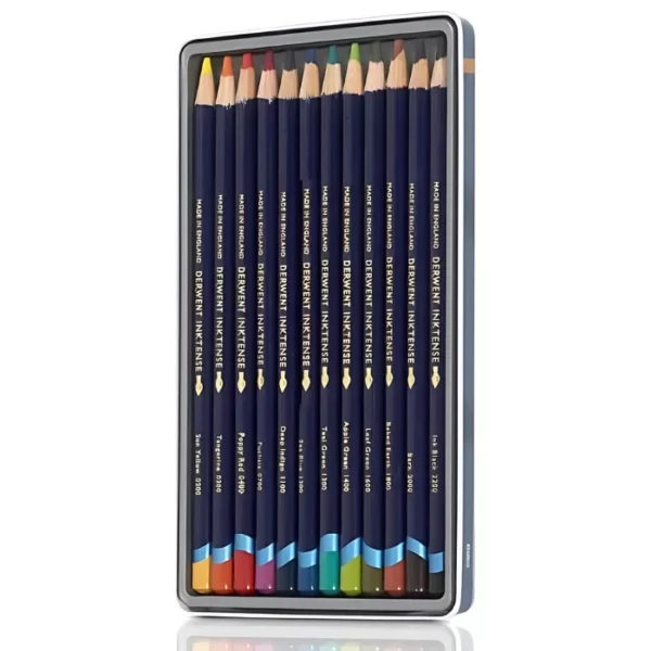 The bottom tray of a Set of 12 Derwent Inktense Pencils is shown vertically in the center of the frame. The pencils are lined up next to each other in the bottom of the tray. The pencils have a dark blue barrel and a dipped colour end that denotes the colour of the lead for easy identification. Each pencil is a different colour. The image is center of the frame and on a white background.