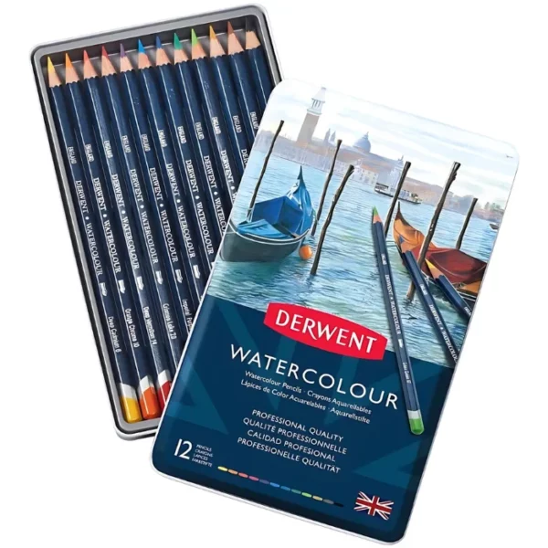 A Set of 12 Derwent Watercolour Pencils is shown in the center of the frame. At the back, left hand side is the tin base that holds the pencils. The pencils are lined up next to each other. The barrel of the pencils is a dark blue with white text printed on the barrels. The ends of the pencils are colour dipped, for easy colour identification. Each pencil is a different colour. The lid of the tin is shown at the front, right hand side of the frame, overlapping the base. There is a picture of some water and some kayaks on the water, on the front of the tin. The image is center of the frame and on a white background.