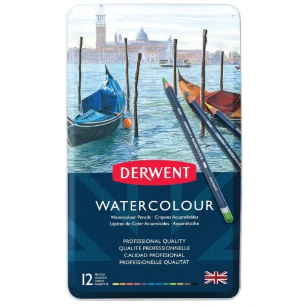 A Set of 12 Derwent Watercolour Pencils is shown, vertically in the center of the frame. There is a picture of water with some kayaks on the water, on the tin lid. The base of the tin lid is a dark blue colour withe the Derwent logo printed in the center in red. On a white background.