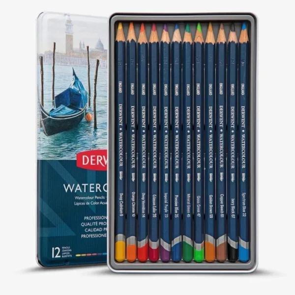 A Set of 12 Derwent Watercolour Pencils is shown in the center of the frame. At the back, left hand side is the tin base that holds the pencils. The pencils are lined up next to each other. The barrel of the pencils is a dark blue with white text printed on the barrels. The ends of the pencils are colour dipped, for easy colour identification. Each pencil is a different colour. The lid of the tin is shown at the front, right hand side of the frame, overlapping the base. There is a picture of some water and some kayaks on the water, on the front of the tin. The image is center of the frame and on a white background.