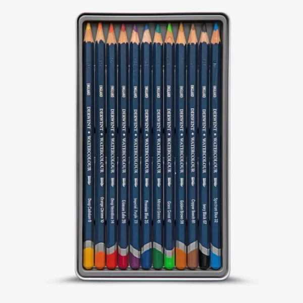 The bottom tray of a Set of 12 Derwent Watercolour Pencils is shown vertically in the center of the frame. The pencils are lined up next to each other in the bottom of the tray. The pencils have a dark blue barrel and a dipped colour end that denotes the colour of the lead for easy identification. Each pencil is a different colour. The image is center of the frame and on a white background.