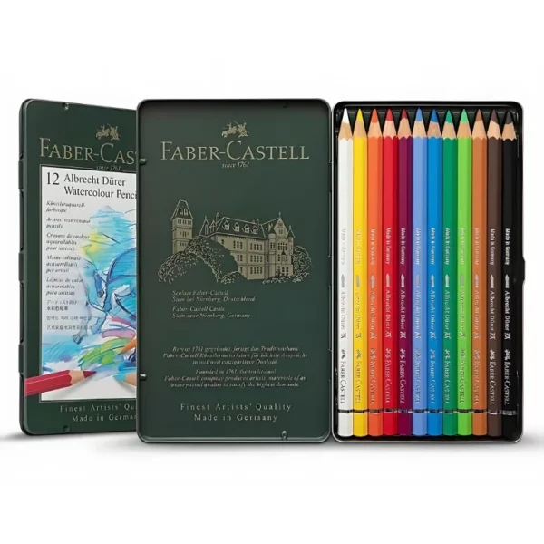 A Set of 12 Faber Castell Albrecht Durer Water Colour Pencils is shown in the center of the frame. There is a sealed set at the back, along the left hand side of the frame and an open set at the front. The tin is green and has the Faber Castell logo printed on the back of the tin lid. You can see the pencils lined up in the bottom of the tin. The barrels of the pencils are different coloured and denote the colour of the lead. Each pencil is a different colour. The image is center of the frame and on a white background.