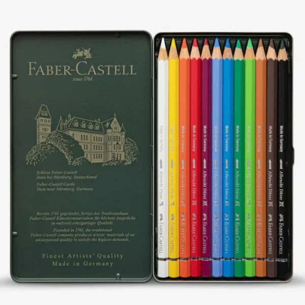 An open Set of 12 Faber Castell Albrecht Durer Water Colour Pencils is seen in the center of the frame. The tin is green and has the Faber Castell logo printed on the inside of the tin lid. The pencils are lined up in the base of the tin. The barrels of the pencils are different colours which denotes the colour of the lead. Each pencil is a different colour. The image is center of the frame and on a white background.