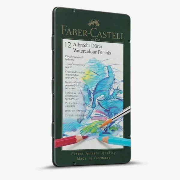 A sealed Set of 12 Faber Castell Albrecht Durer Water Colour Pencils is shown in the center of the frame. The tin is green and there is a block in the center of the lid that has a picture that was drawn using the pencils. The image is of an abstract horse. The Faber Castell logo is printed at the top of the tin. The image is center of the frame and on a white background.