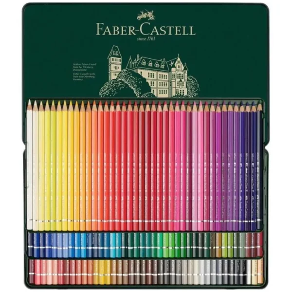 An open Set of 120 Faber Castell Albrecht Durer Water Colour Pencils is seen in the center of the frame. The tin is green and has the Faber Castell logo printed on the inside of the tin lid. The pencils are lined up in the base of the tin. The barrels of the pencils are different colours which denotes the colour of the lead. Each pencil is a different colour. The image is center of the frame and on a white background.