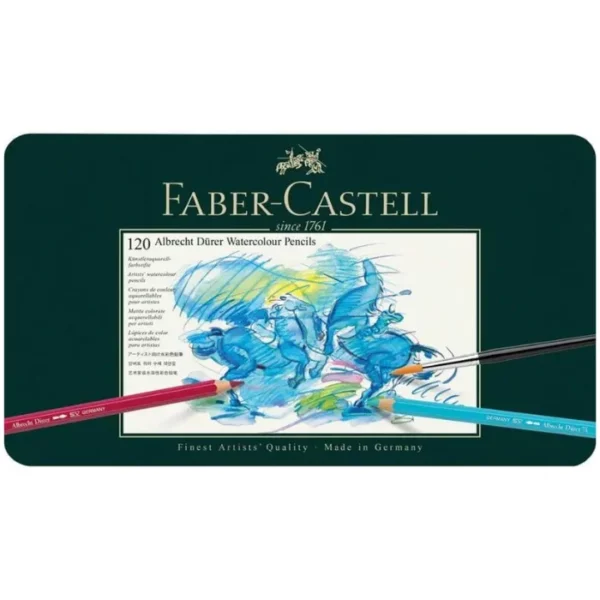 A sealed Set of 120 Faber Castell Albrecht Durer Water Colour Pencils is shown in the center of the frame. The tin is green and there is a block in the center of the lid that has a picture that was drawn using the pencils. The image is of an abstract horse. The Faber Castell logo is printed at the top of the tin. The image is center of the frame and on a white background.