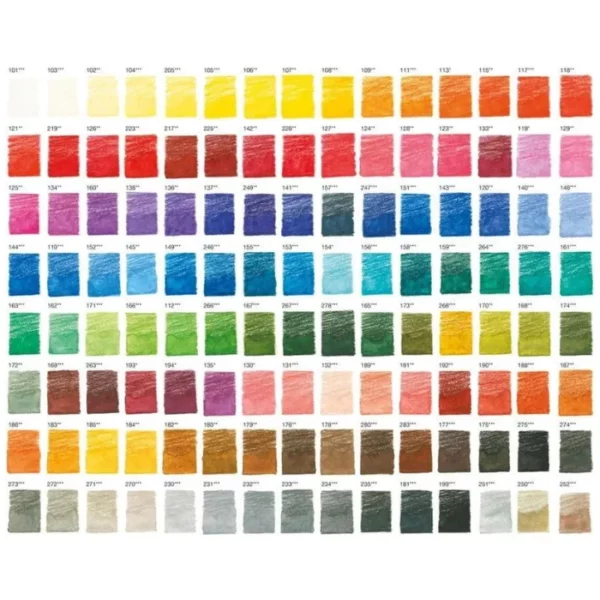 A colour chart for the Set of 120 Faber Castell Albrecht Durer Water Colour Pencils. There are 120 small coloured blocks within the frame and the colour code above each block. On a white background.