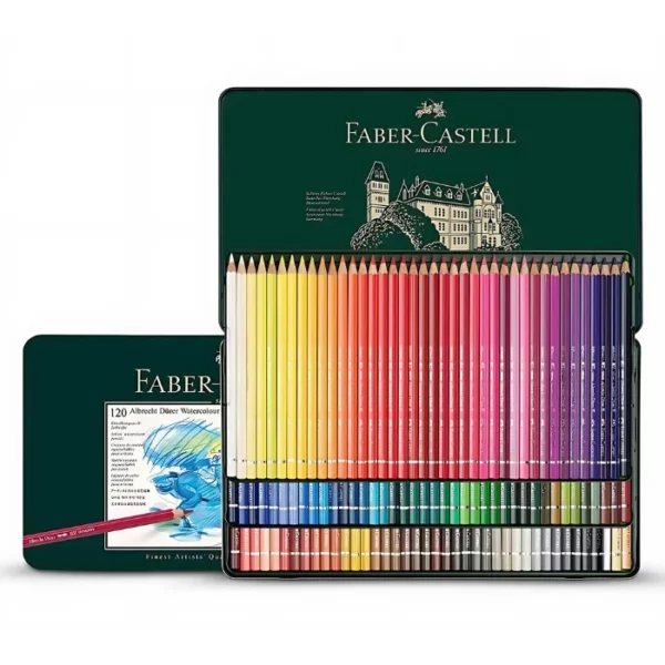 A Set of 120 Faber Castell Albrecht Durer Water Colour Pencils is shown in the center of the frame. There is a sealed set at the back, along the left hand side of the frame and an open set at the front. The tin is green and has the Faber Castell logo printed on the back of the tin lid. You can see the pencils lined up in the bottom of the tin. The barrels of the pencils are different coloured and denote the colour of the lead. Each pencil is a different colour. The image is center of the frame and on a white background.